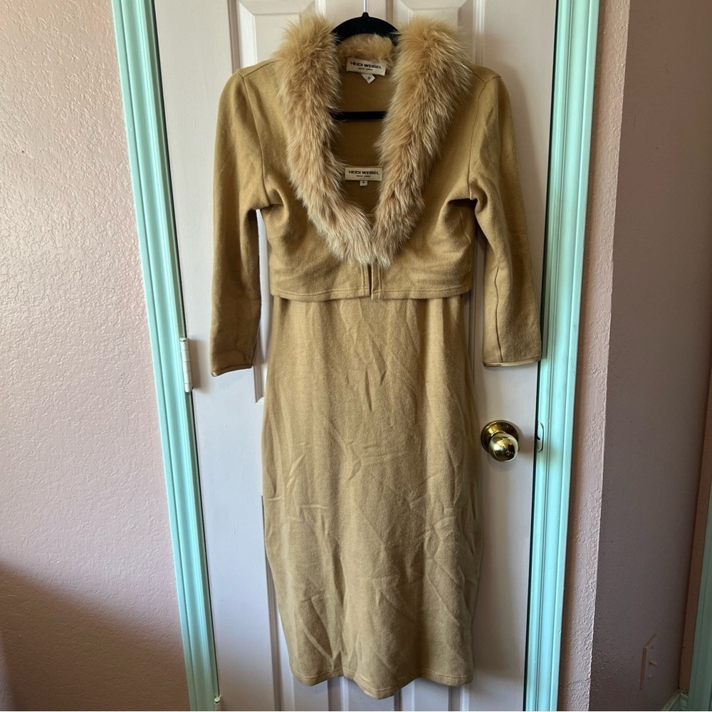 Vintage 90s Heidi Weisel Cashmere Silk Fox Fur Cardigan and Dress Set Size 6